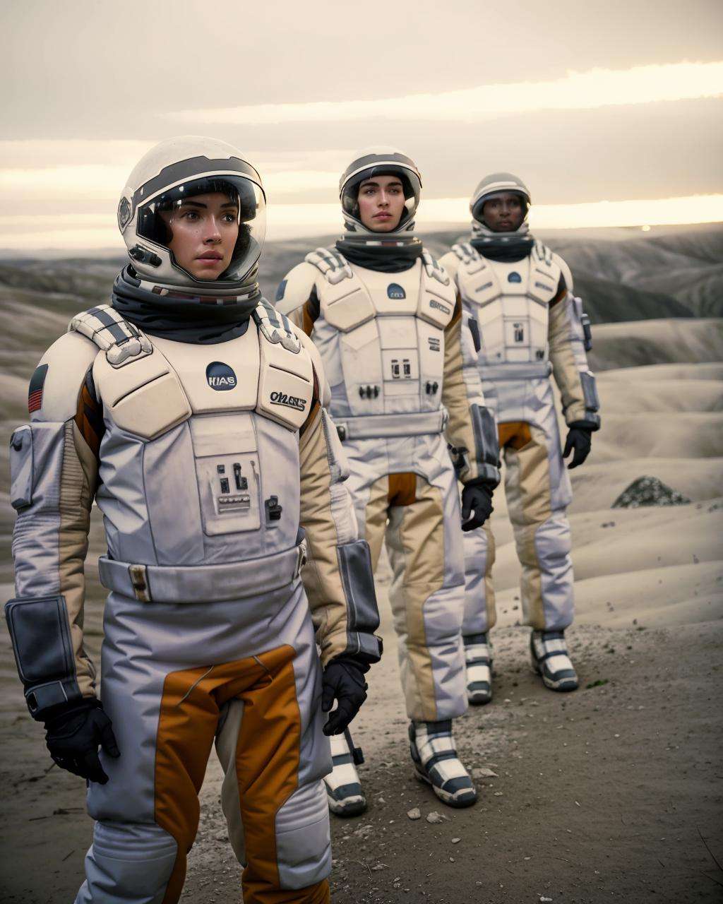 a group of astronauts standing in a line ,   unreal 5, a raytraced image