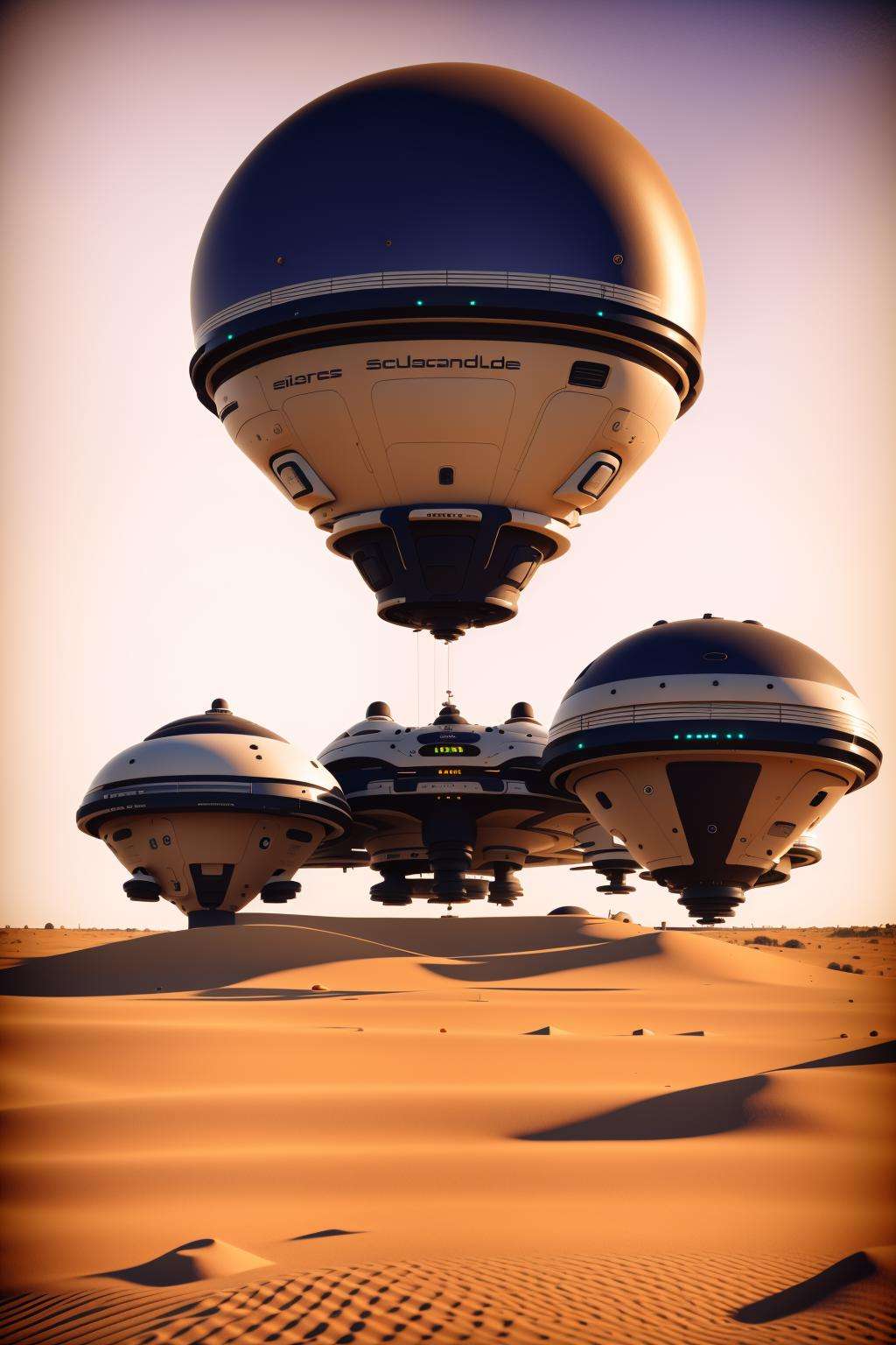 a large spaceship flying over a desert area , Beeple, cinema 4 d, digital art, computer art
