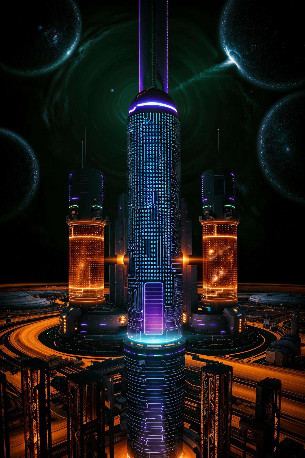 a city with lots of tall buildings and a lot of lights , Beeple, cinema 4 d, digital art, computer art , science fiction, space art, deep space , black hole