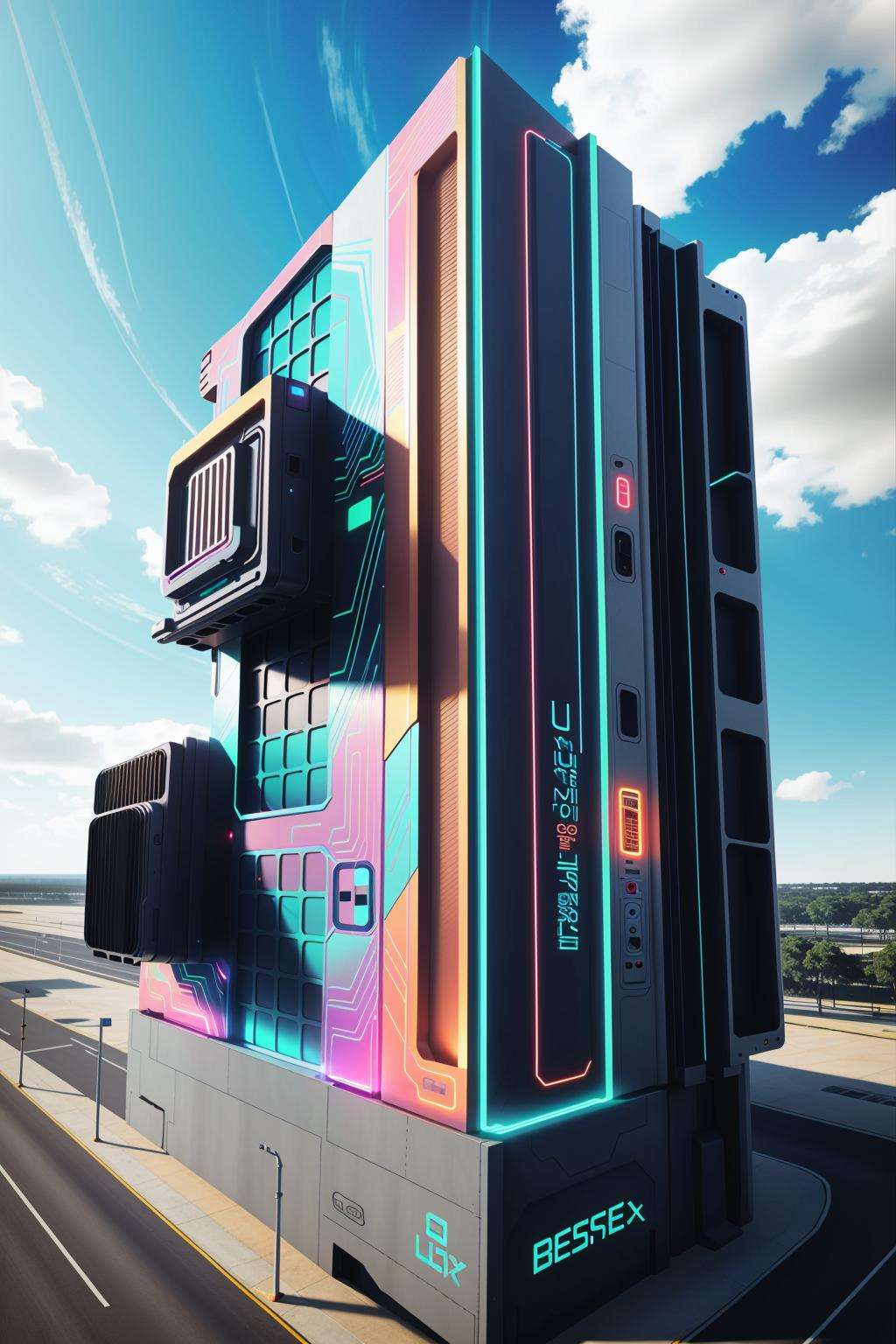 a building with graffiti on the side of it , Beeple, cinema 4 d, digital art, computer art , science fiction, 8k, professional photography