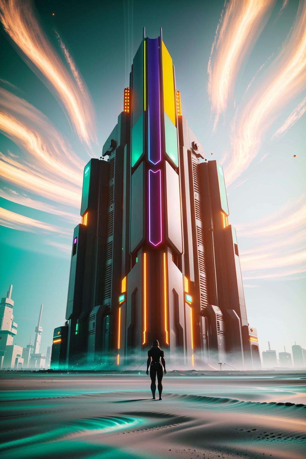 a man standing in front of a tall building , Beeple, cinema 4 d, digital art, computer art , science fiction,  -A surreal, dreamlike sequence set in a bizarre, otherworldly landscape. The scene is filled with intricate details and features a vivid, surreal color palette.