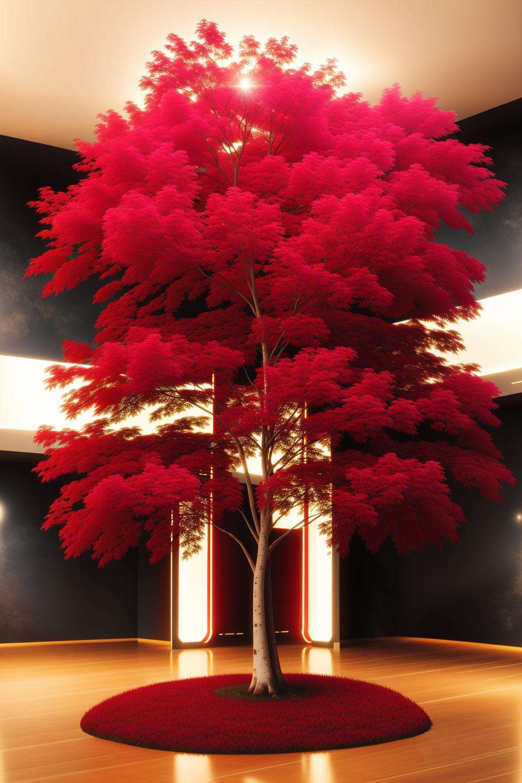 a tree in a futuristic room with a red tree , , Beeple, cinema 4 d, digital art, computer art , science fiction, 