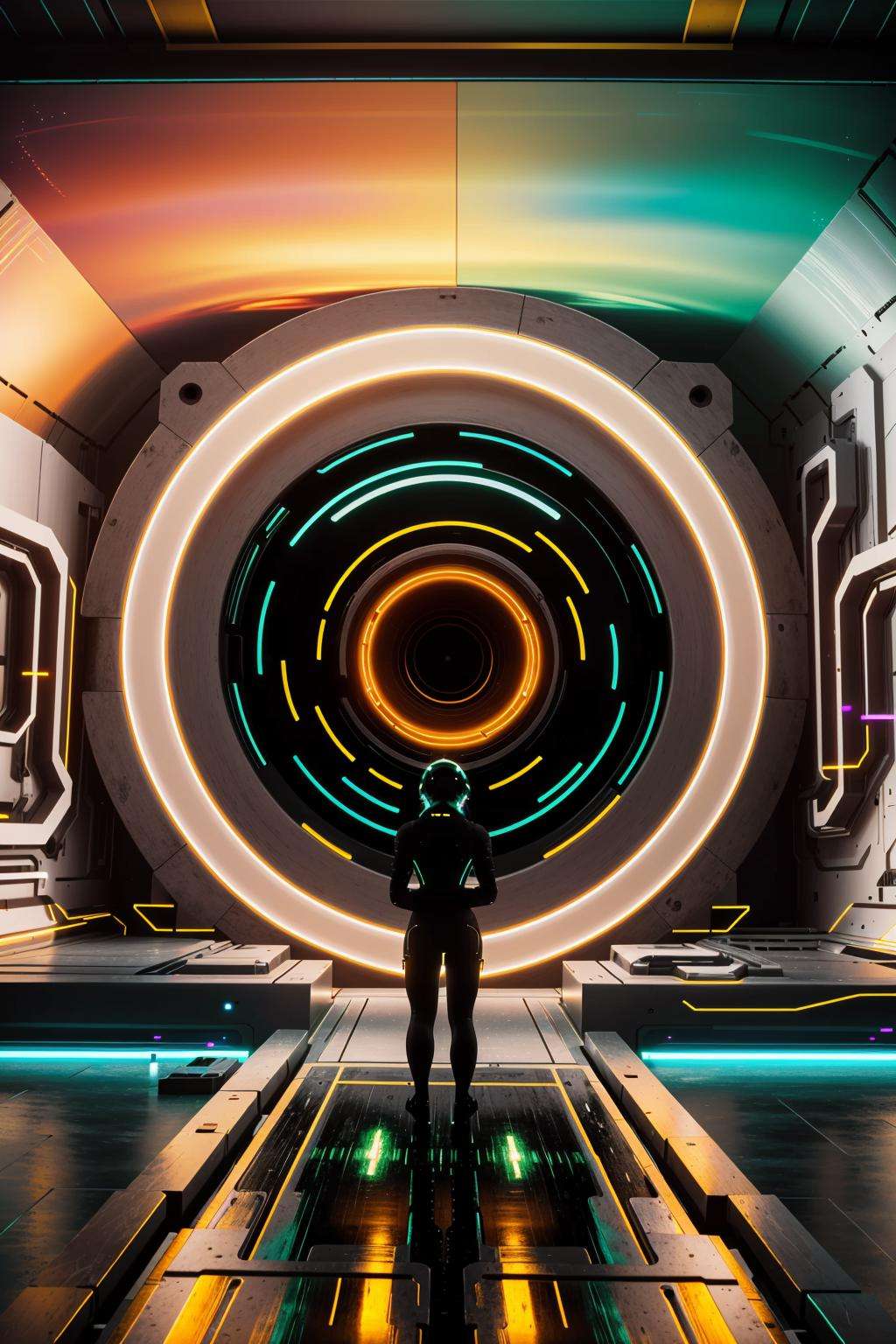 a person standing in a tunnel with a colorful light , Beeple, cinema 4 d, digital art, computer art , science fiction,  -A mysterious sci-fi scene set in a futuristic laboratory, where a group of scientists is studying a strange and otherworldly substance. Intricate scientific equipment, detailed materials, and atmospheric lighting create a sense of realism and immersion, while a sense of wonder and curiosity adds intrigue and suspense.