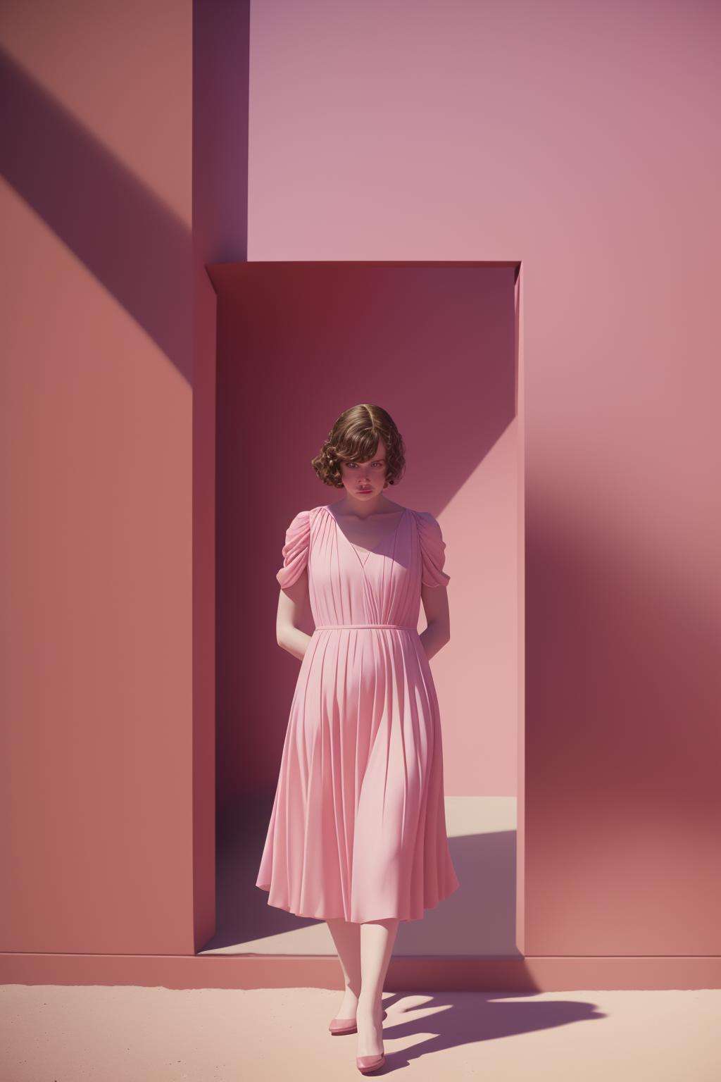 a woman in a pink dress standing in front of a wall,  cinematic, 8k, professional photography