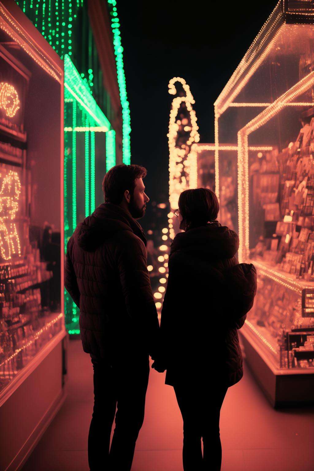 a man and a woman are looking at a display of lights,  cinematic, 8k, professional photography