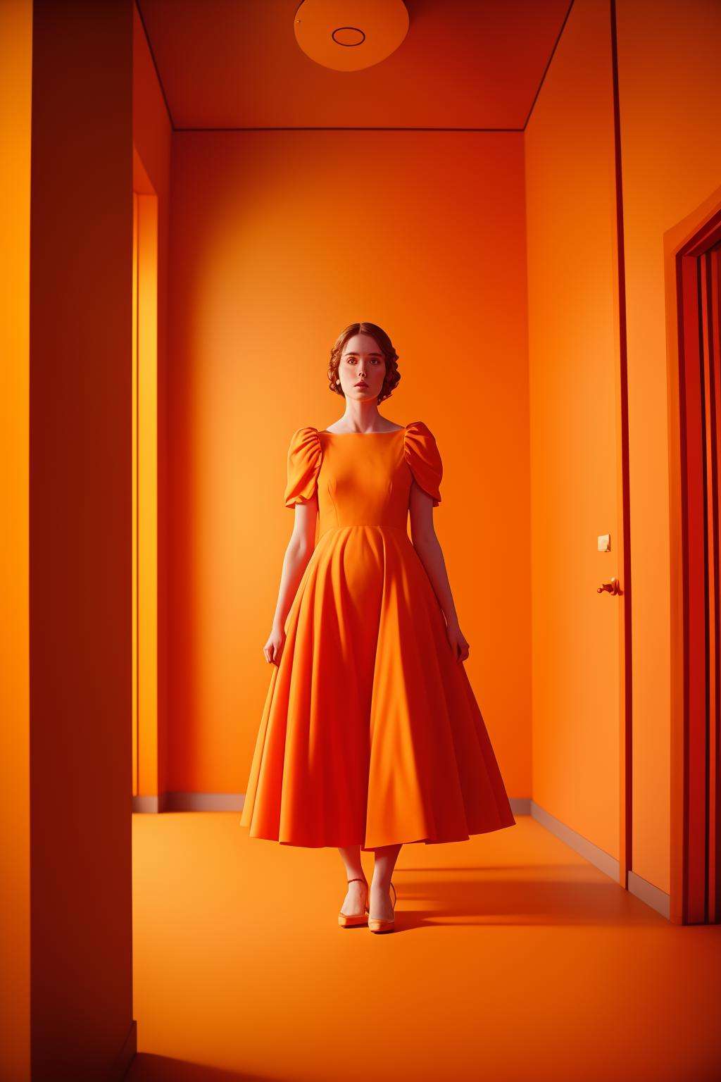 a woman in an orange dress is standing in a room,  cinematic, 8k, professional photography