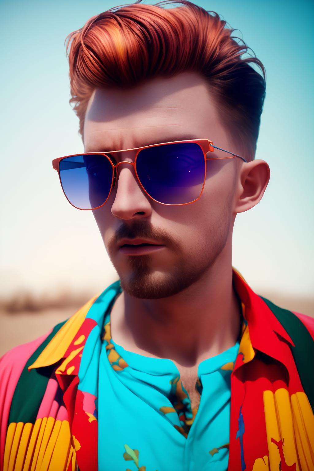 a man with sunglasses and a colorful shirt,  cinematic, 8k, professional photography