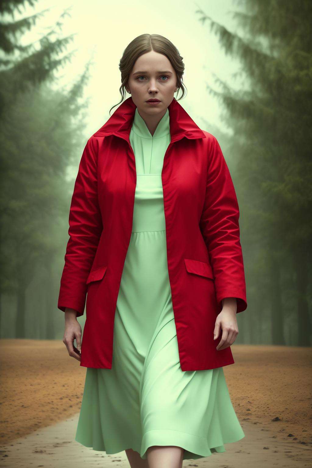 a woman in a red jacket and a green and white dress,  cinematic, 8k, professional photography