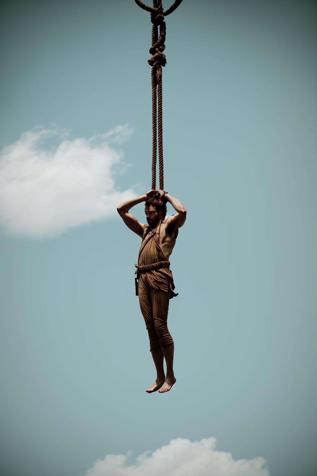 a statue of a man hanging from a rope,  cinematic, 8k, professional photography