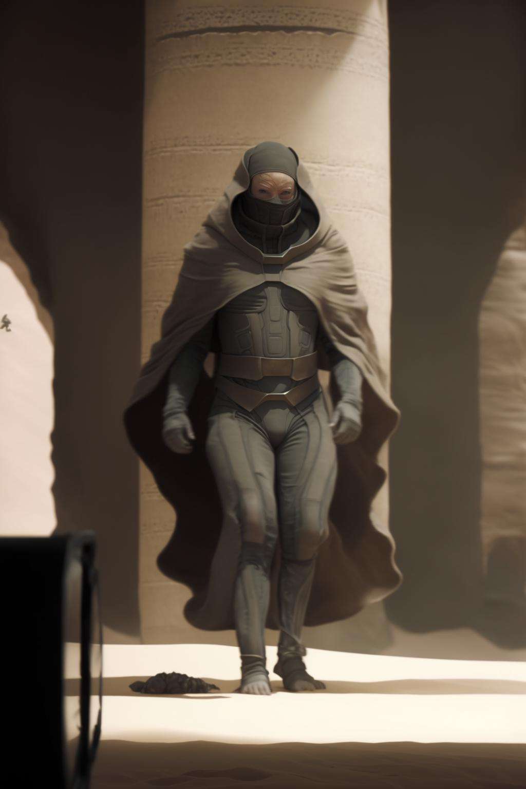 a man in a cloak is walking in a dark room