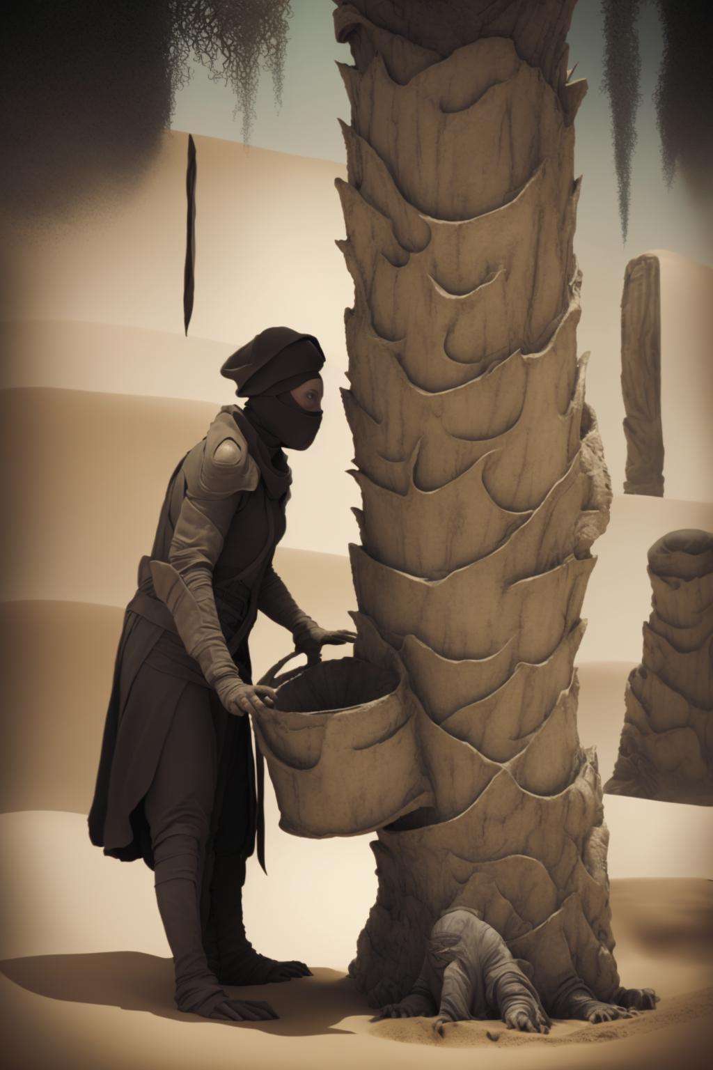 a man leaning against a tree with a bucket on it