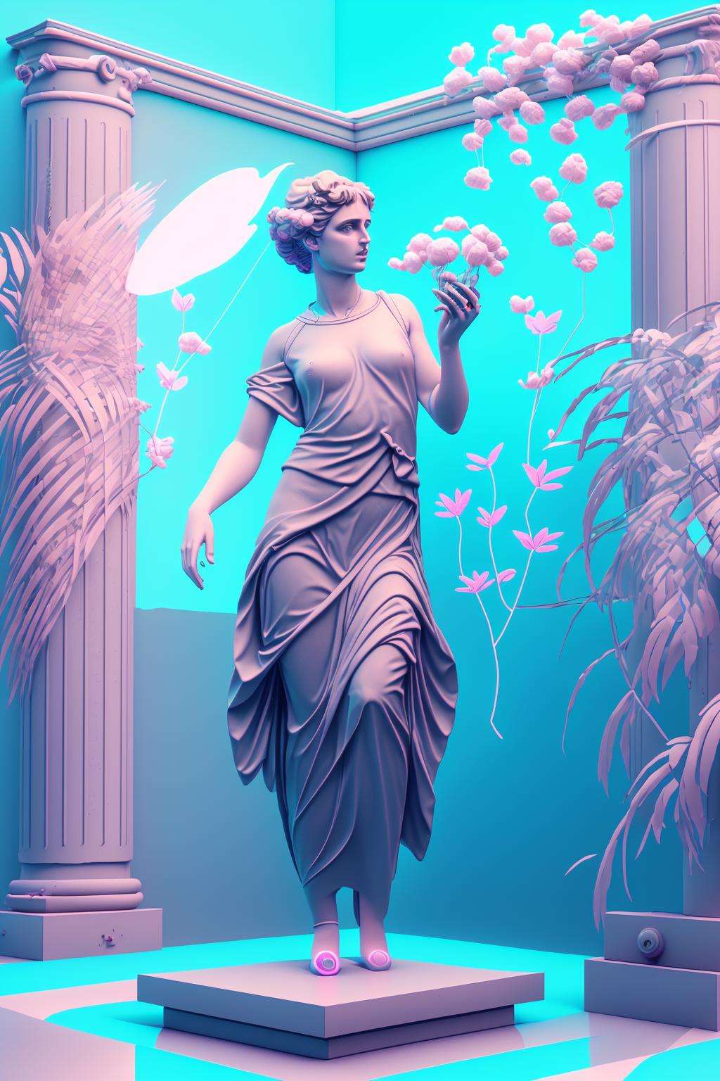 a woman with flowers in her hand and a bird flying above her , vaporwave, c4d , unreal engine 5 , 