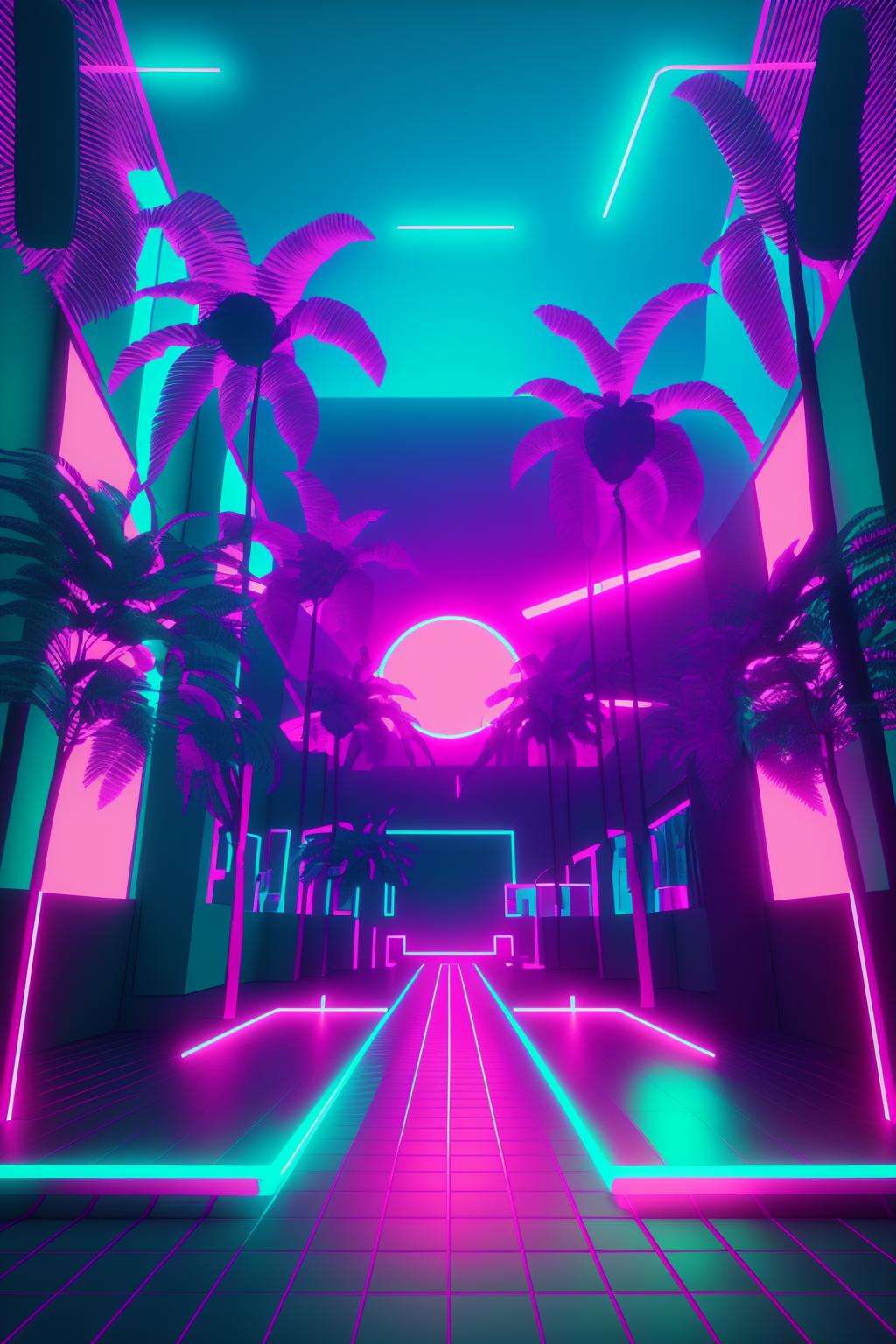 a neon sunset with palm trees and a neon grid , vaporwave, c4d , unreal engine 5 , 