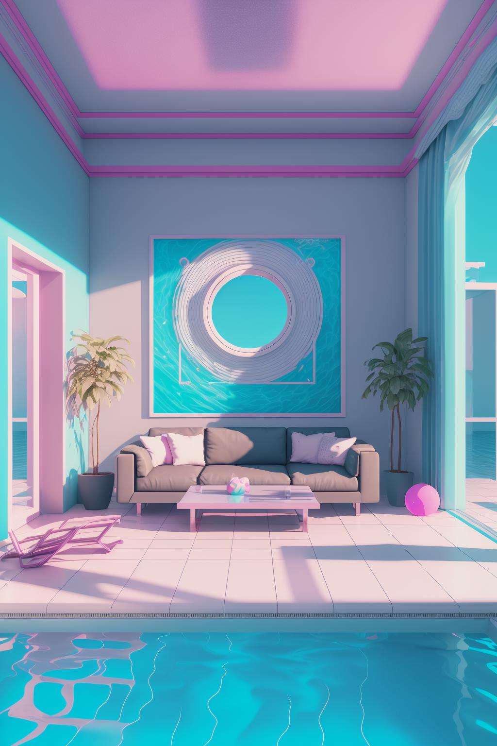 a living room with a pool and a couch , vaporwave, c4d , unreal engine 5 , 