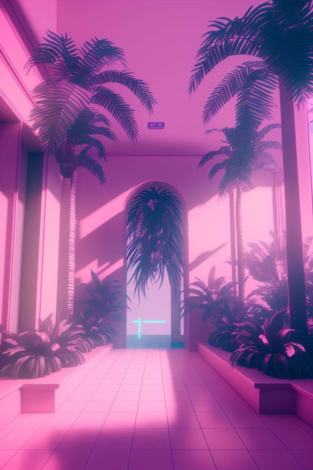 a room with a palm tree and a pink light , vaporwave, c4d , unreal engine 5 , 