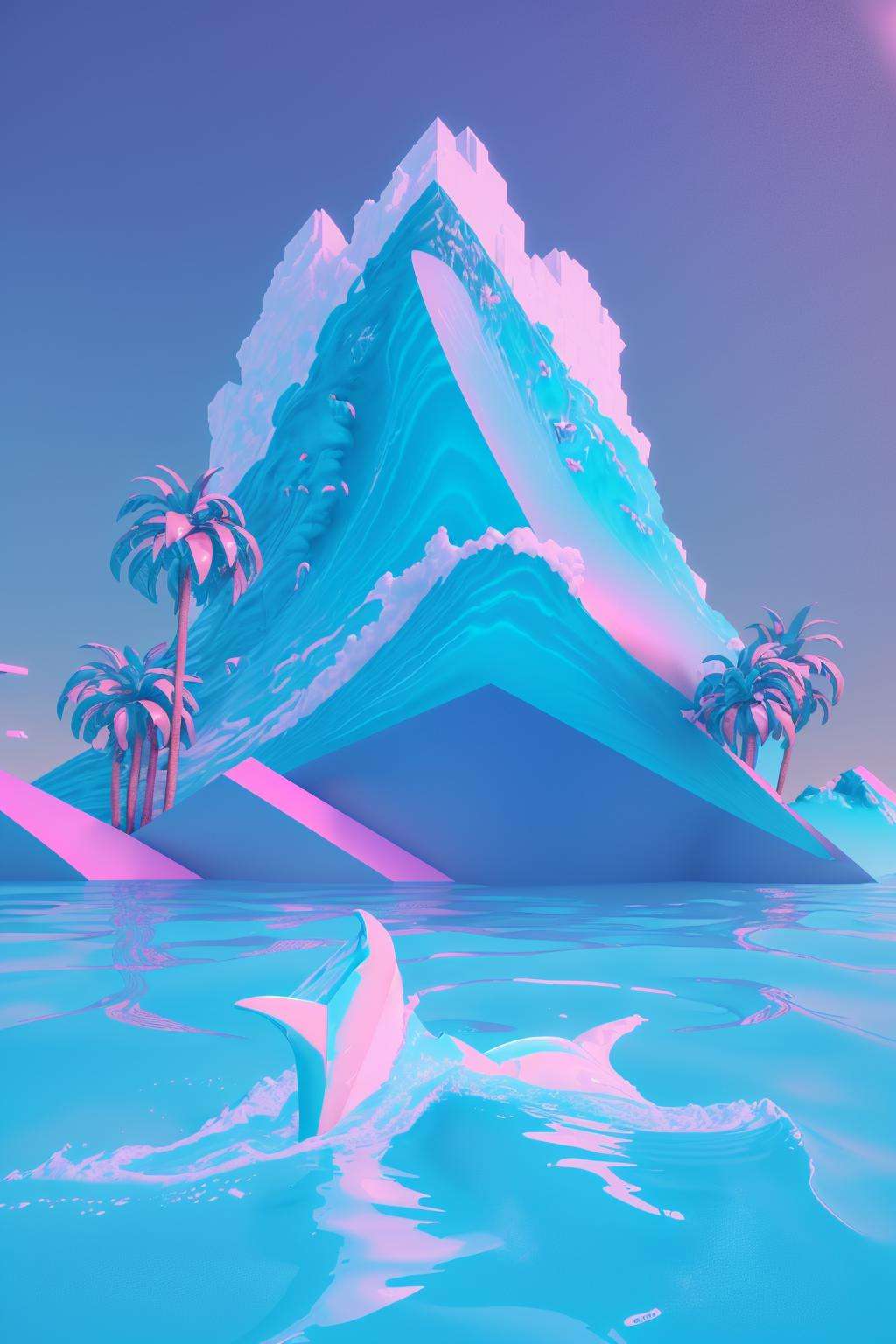 two dolphins are in the water near a mountain , vaporwave, c4d , unreal engine 5 , 