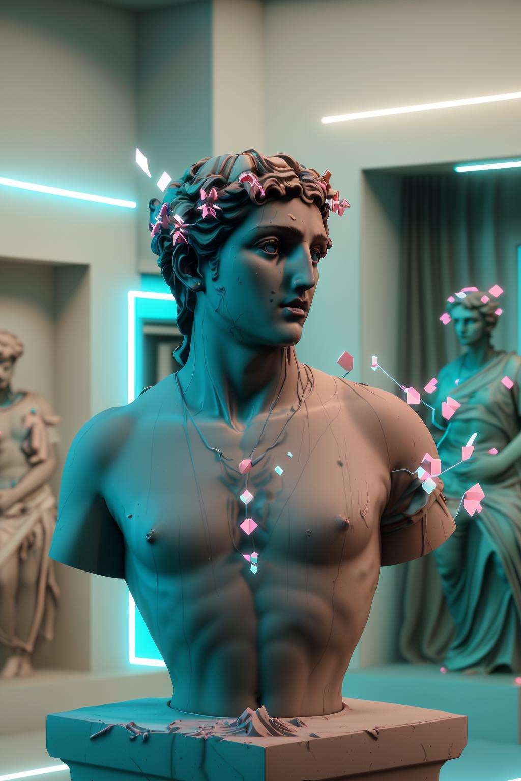 a statue of a man with a flower in his hair , vaporwave, c4d , unreal engine 5 , 