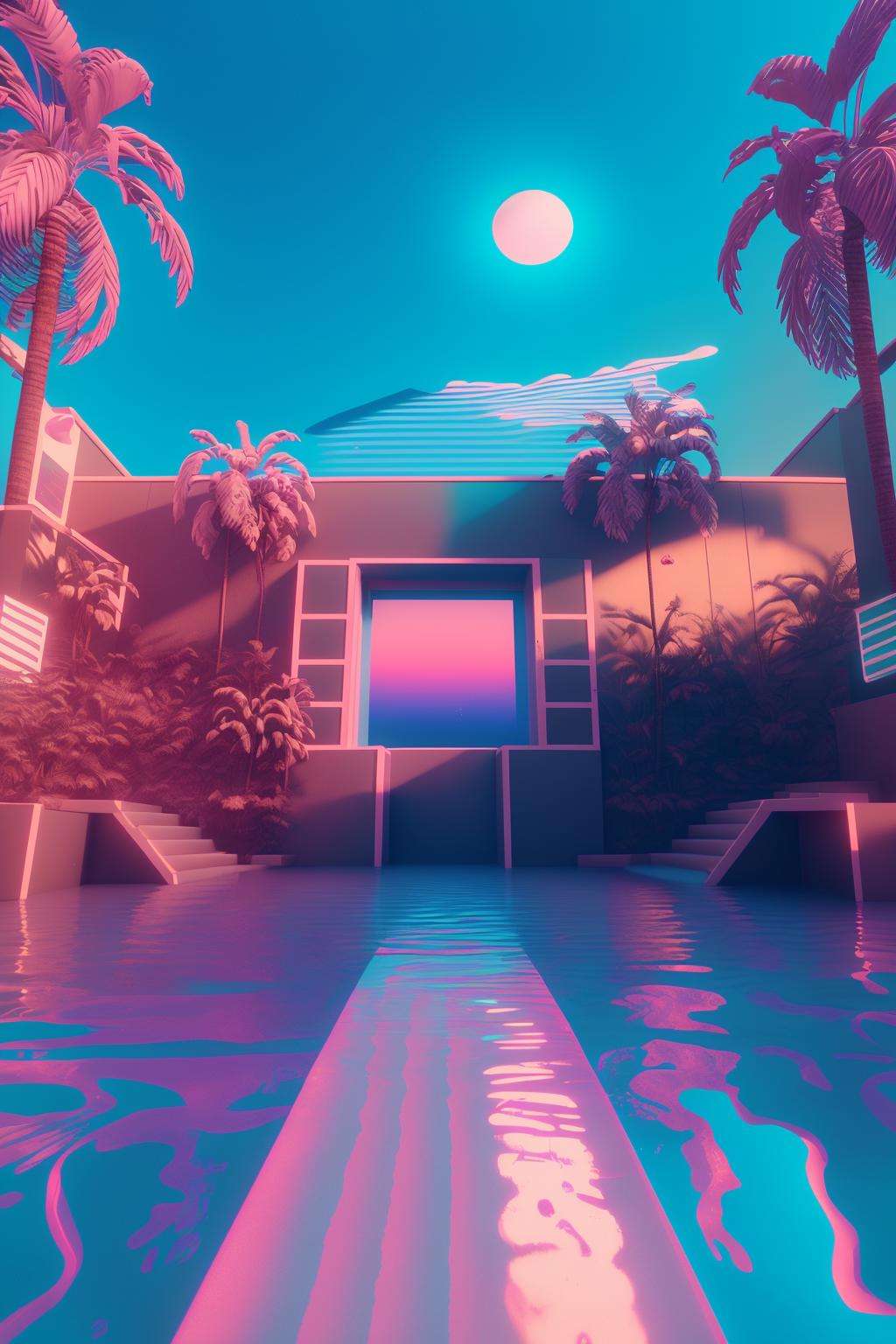 two men in the water with a sunset in the background , vaporwave, c4d , unreal engine 5 , 