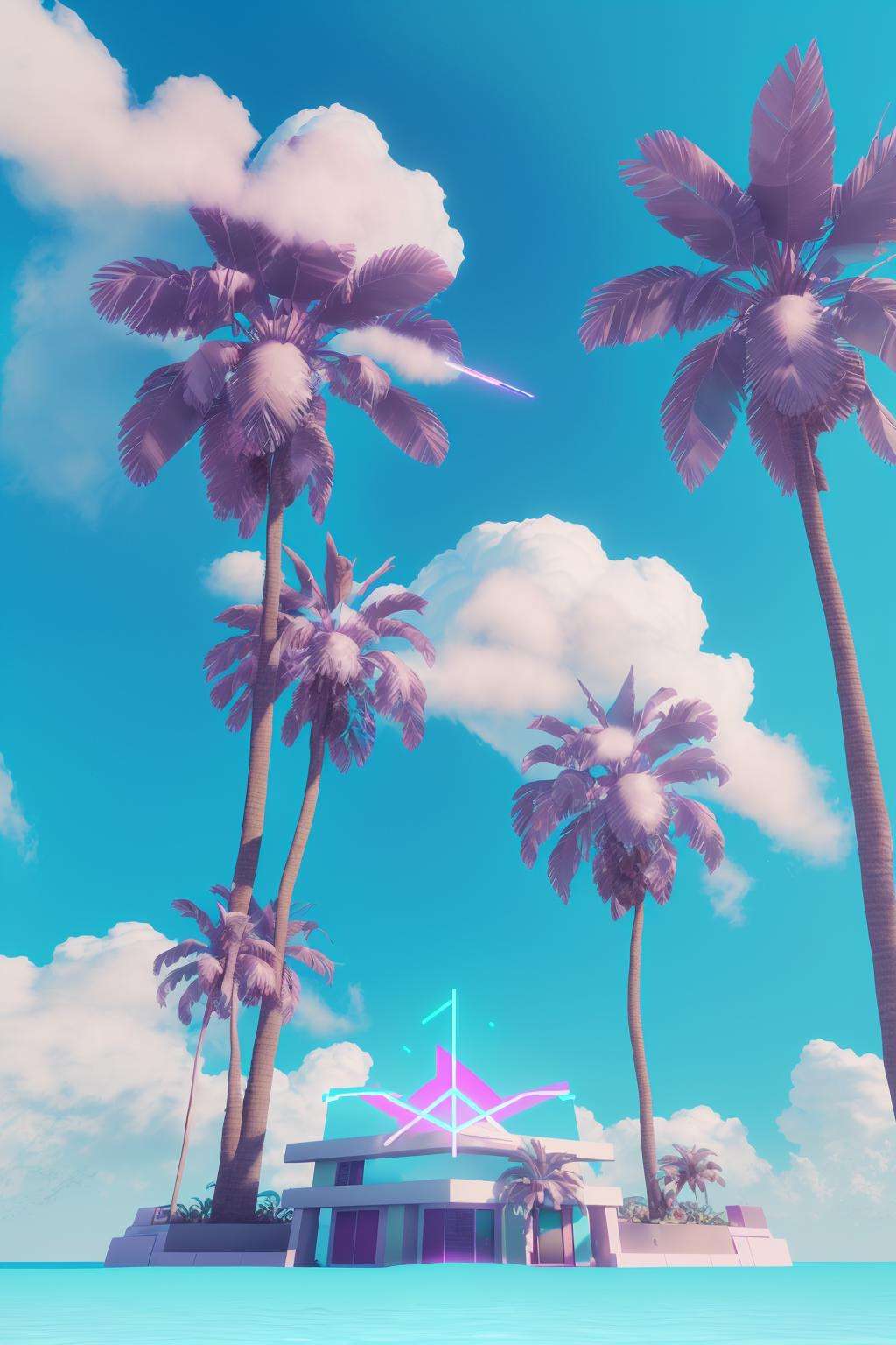 a cloud with two palm trees on top of it , vaporwave, c4d , unreal engine 5 , 