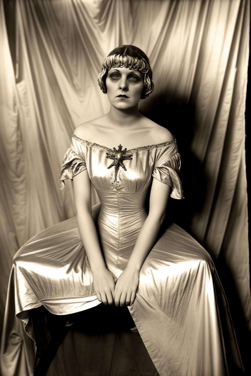 a woman in a silver dress sitting on a chair ,  vintage,  occult, 