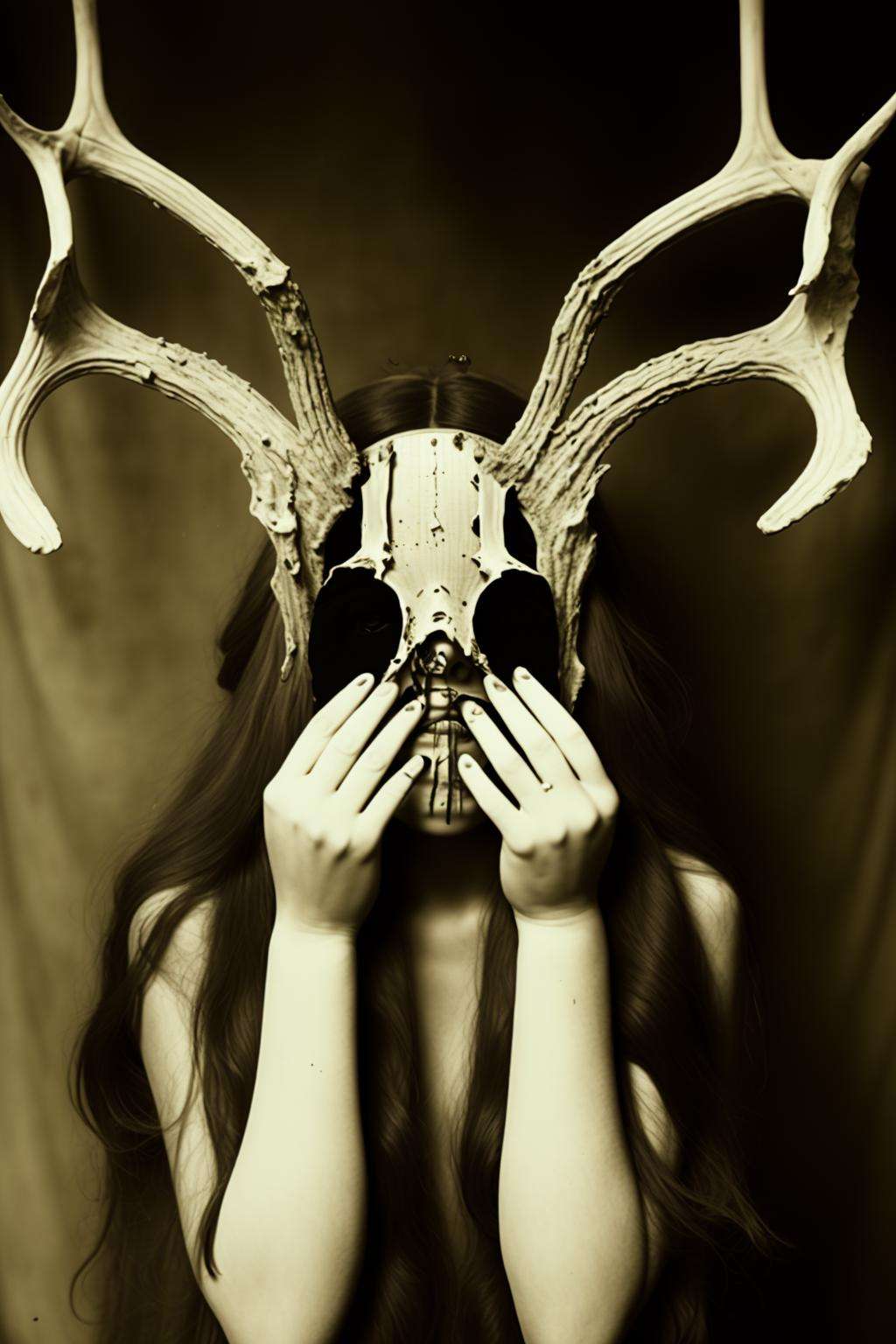 a woman with long hair covering her face with a deer skull ,  vintage,  occult, 