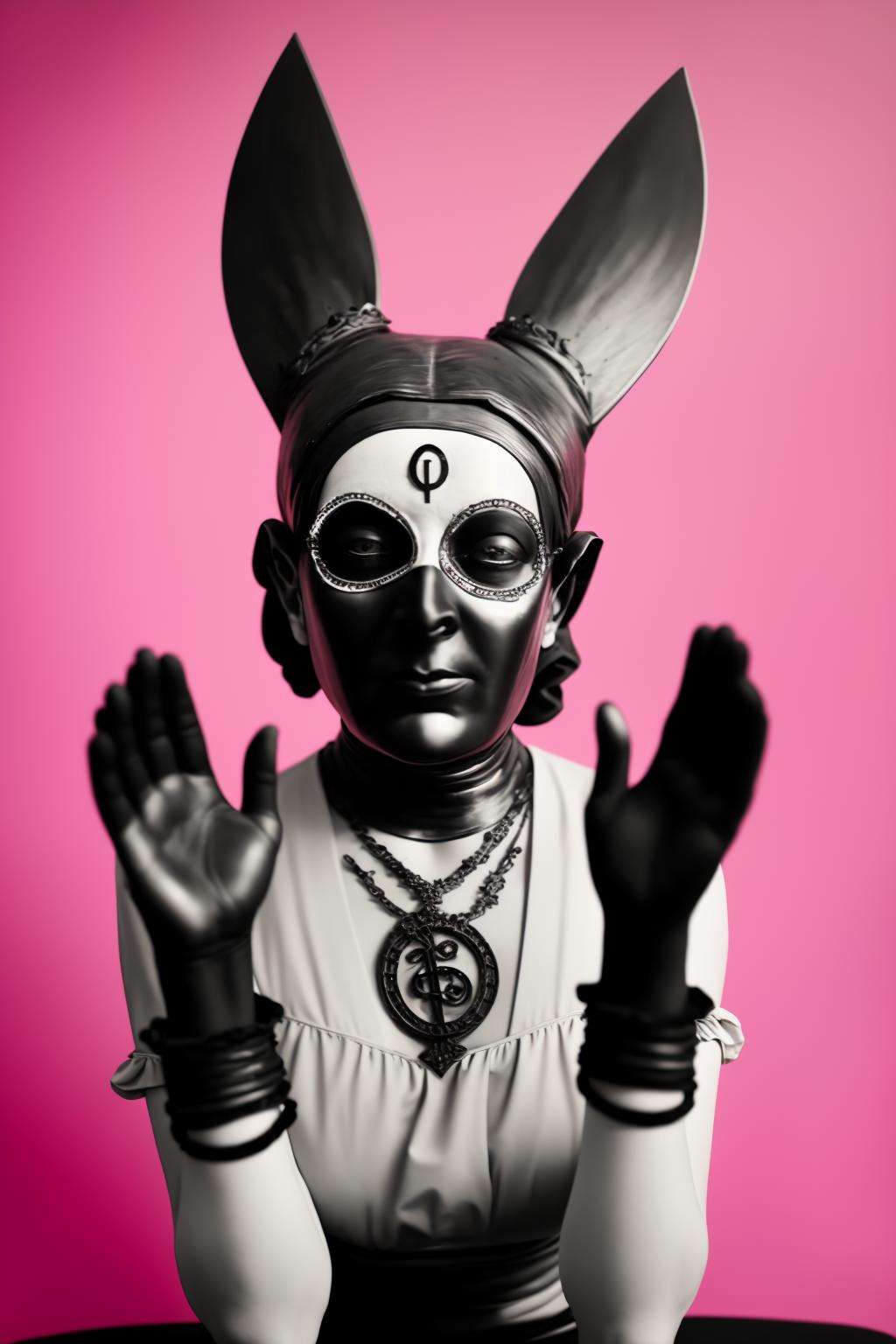 a woman with a black mask and a hand ,  a black and white photo ,  a statue of a woman sitting in a lotus position with her hands up in the air and a clock on her chest and a pink background ,  vintage,  occult, 