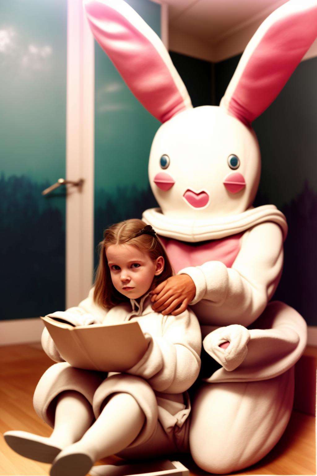 a young girl sitting next to a giant bunny