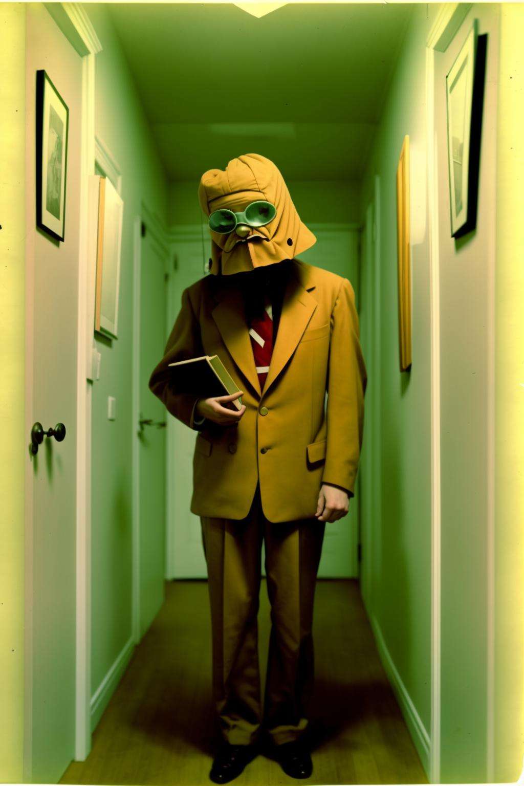 a man in a costume standing in a hallway , vintage photo