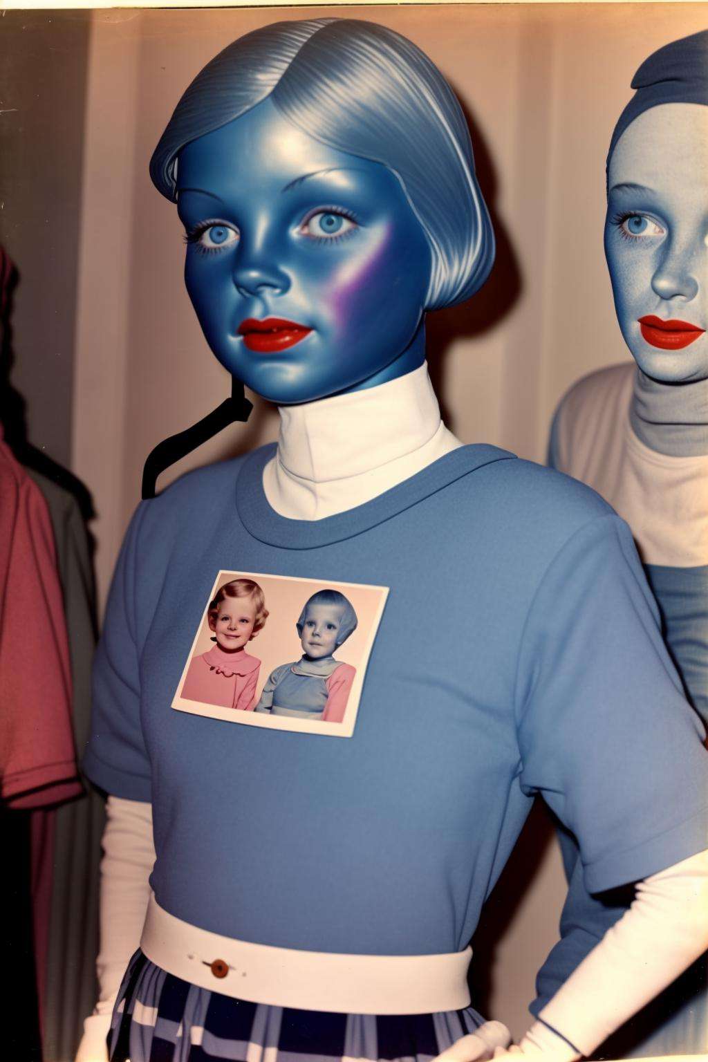 a mannequin wearing a blue shirt with a face painted on it , vintage photo