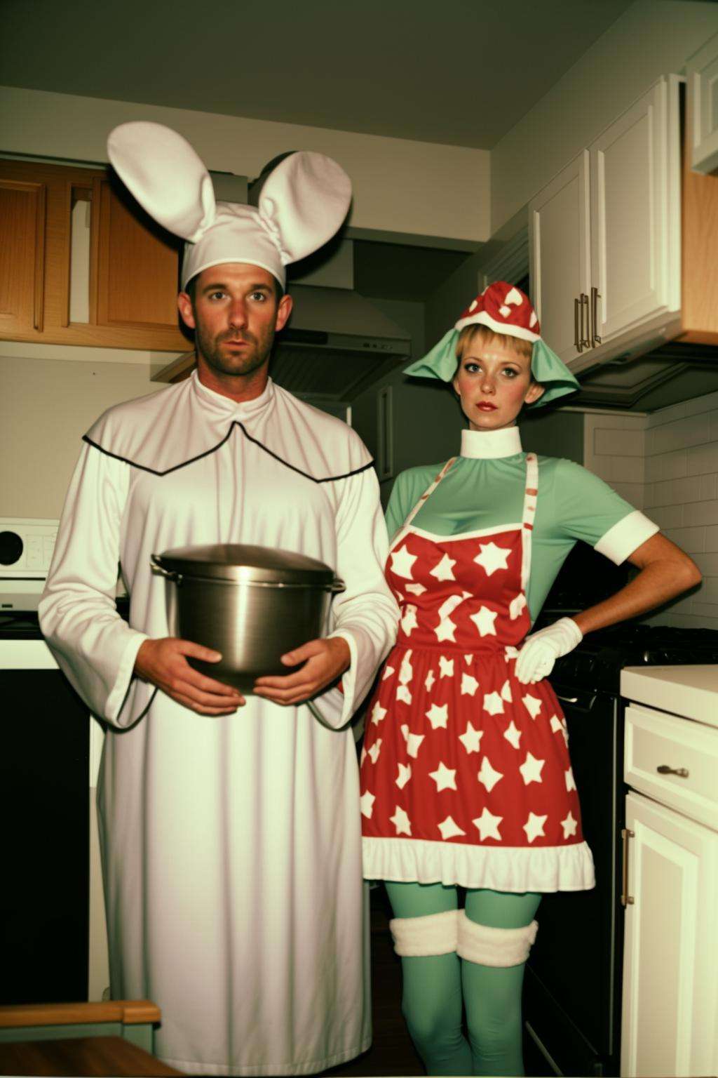 a man and woman dressed in costumes in a kitchen, 