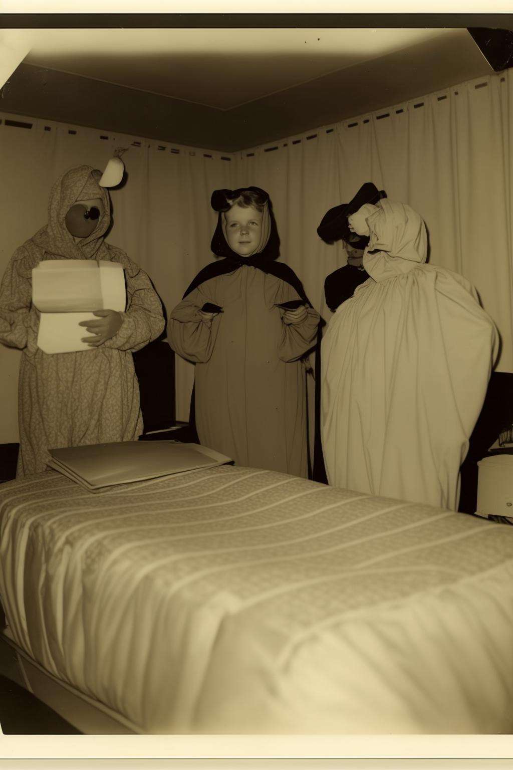 a group of people in costumes standing around a bed , vintage photo