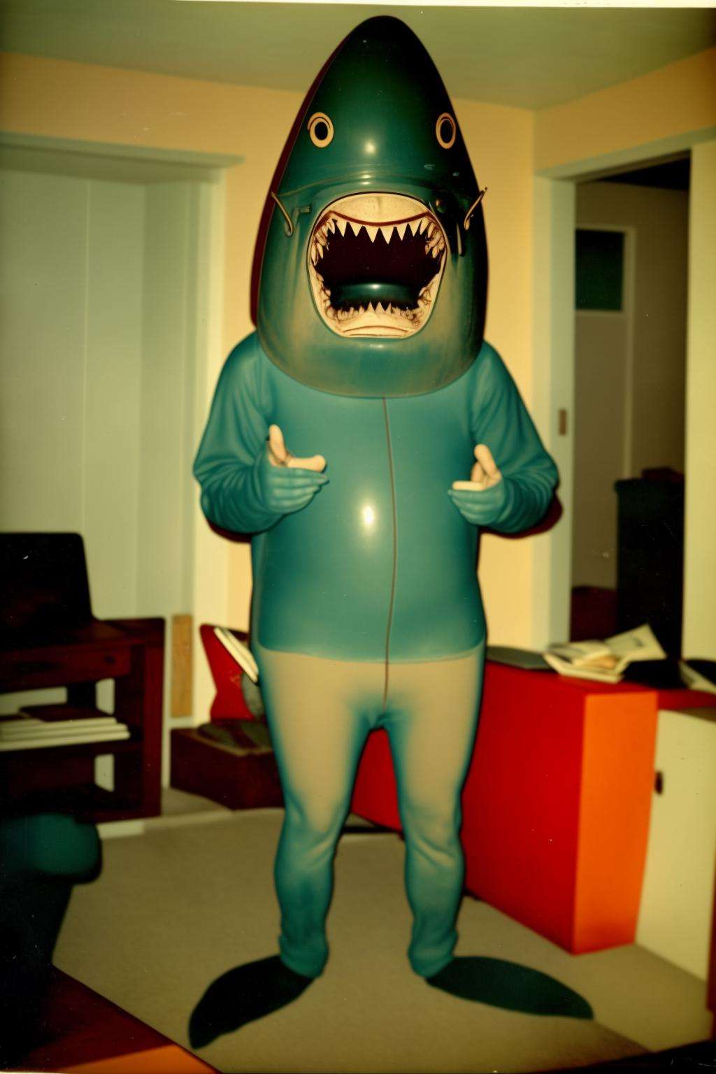 a man in a shark costume standing in a living room , vintage photo