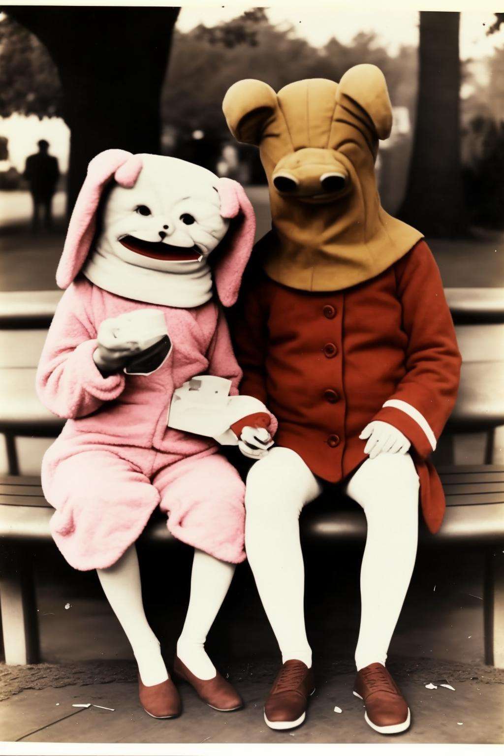 three people sitting on a bench with costumes on , vintage photo