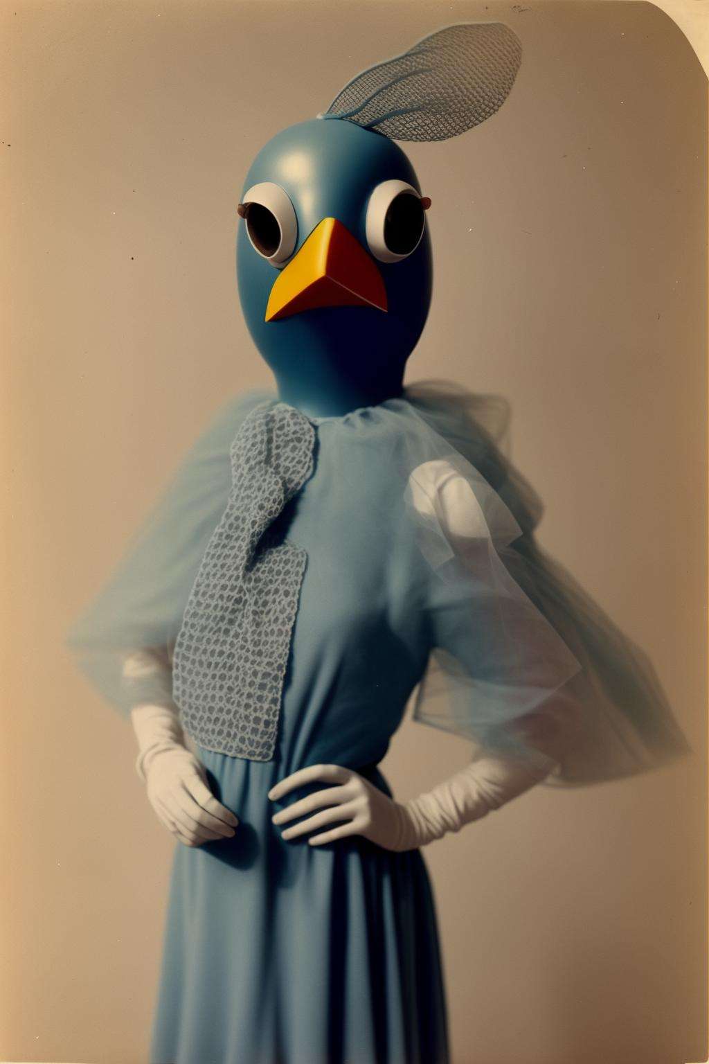 a man in a bird mask and a blue dress , vintage photo