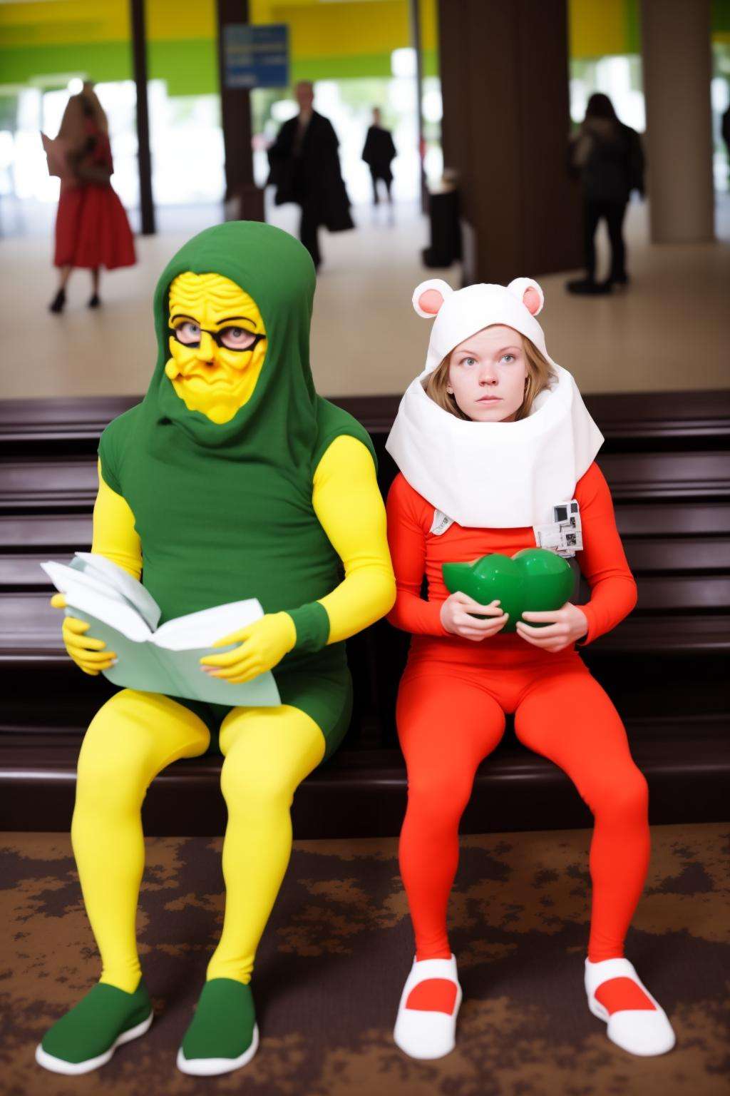 three people sitting on a bench with costumes on