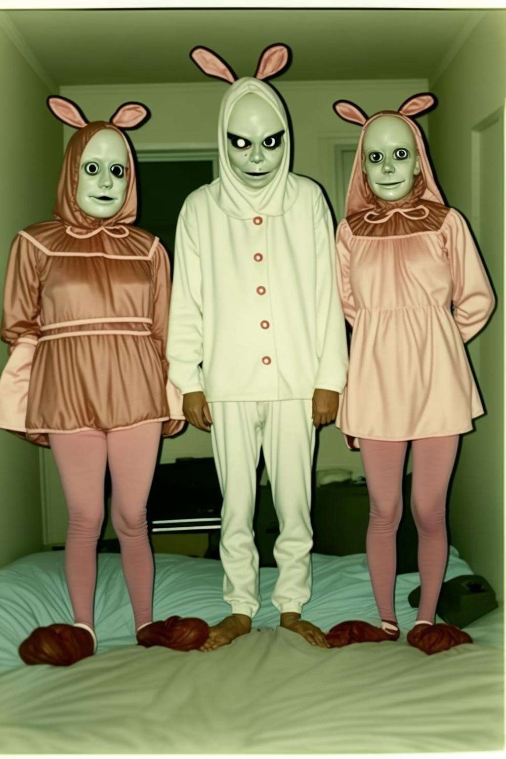 a group of people in costumes standing around a bed , creepy , disturbing