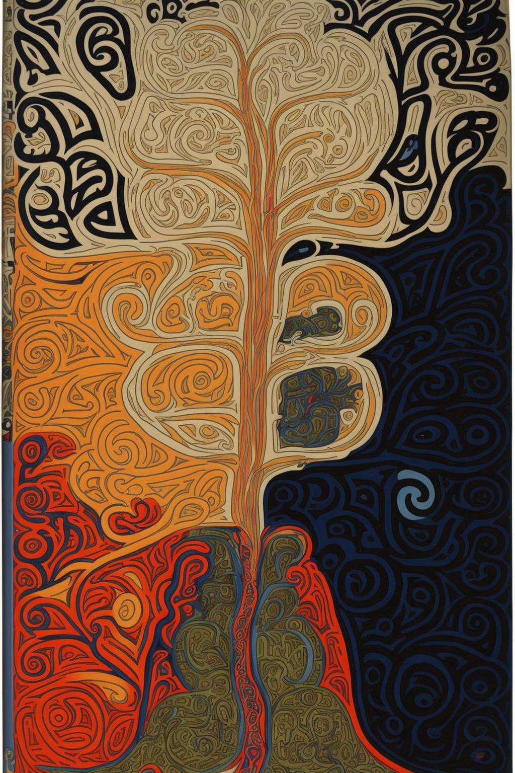 a painting of a tree with a bird on it , solo, english text, no humans, colorful, stained glass, abstract