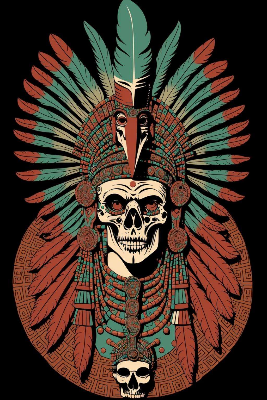 aztec art , Altichiero, dmt, poster art, psychedelic art ,a skull with a headdress and feathers , solo, looking at viewer, simple background, jewelry, necklace, no humans, feathers, black background, skull, skull necklace