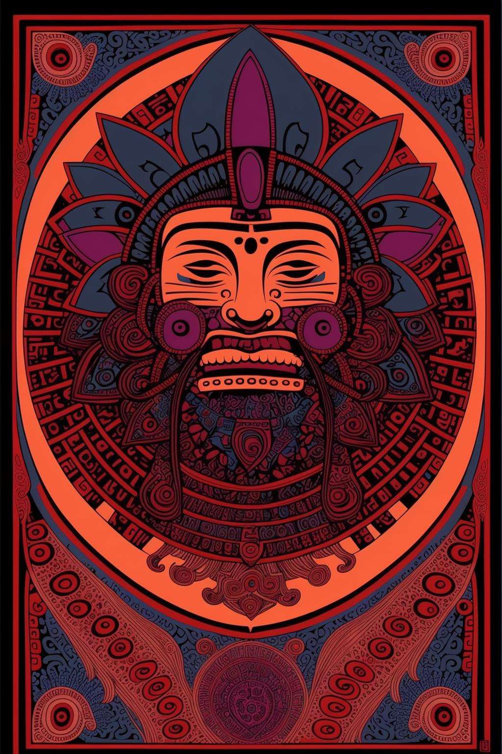 aztec art, a colorful ornamental design with a face on it's face and a black background with mauve, sandy-brown, and blue colors, Altichiero, dmt, poster art, psychedelic art , Mesoamerican ,