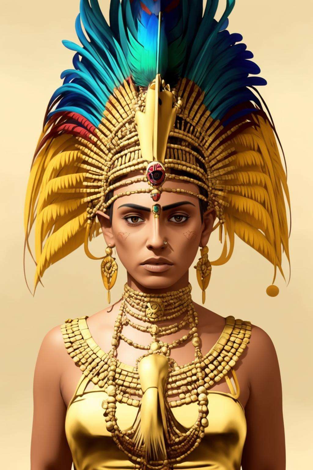 a woman with a gold headdress and feathers