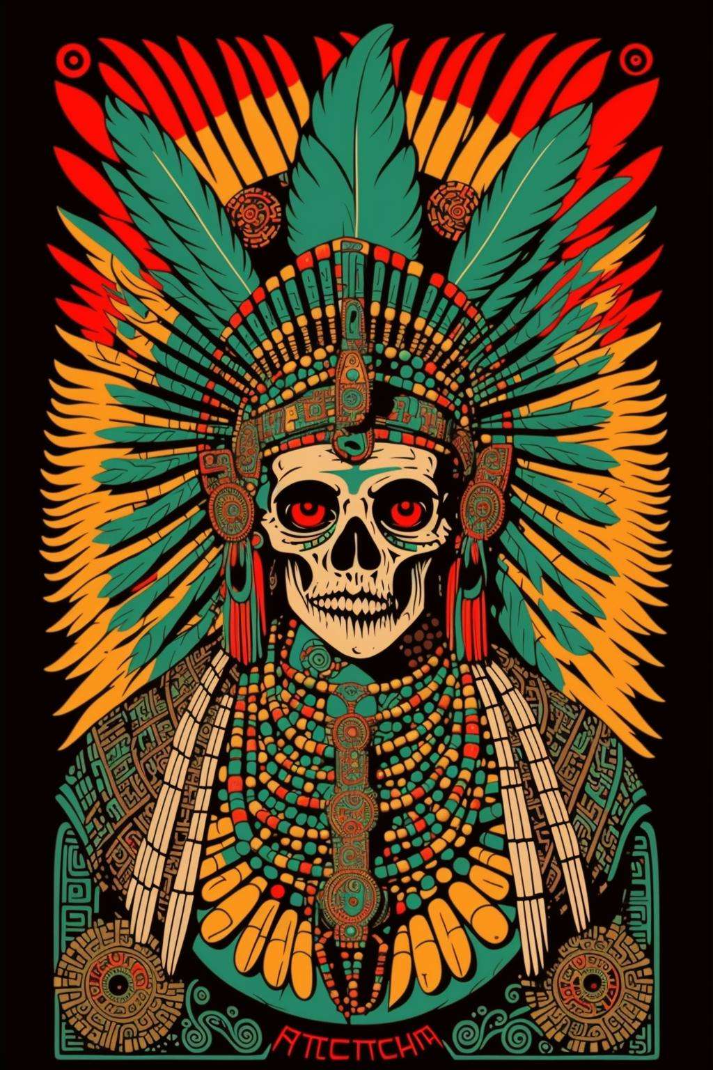 aztec art , Altichiero, dmt, poster art, psychedelic art ,a skull with a headdress and feathers , solo, looking at viewer, simple background, jewelry, necklace, no humans, feathers, black background, skull, skull necklace