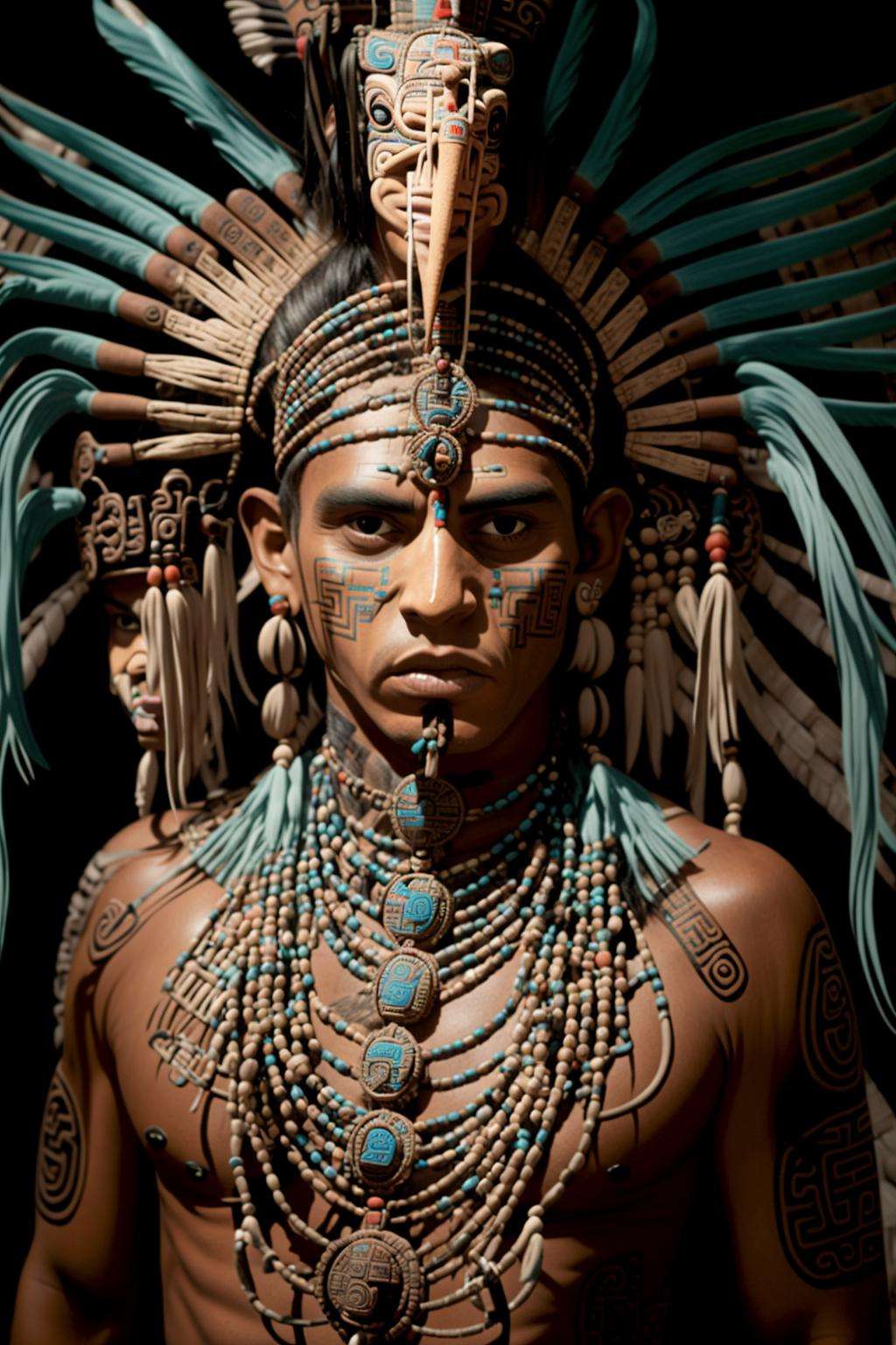 a woman with a blue face and headdress , solo, looking at viewer, black hair, 1boy, jewelry, upper body, male focus, earrings, necklace, tattoo, colored skin, feathers, crown, gem, tassel, blue skin, headdress, facepaint, tribal, aztec , Mesoamerican 