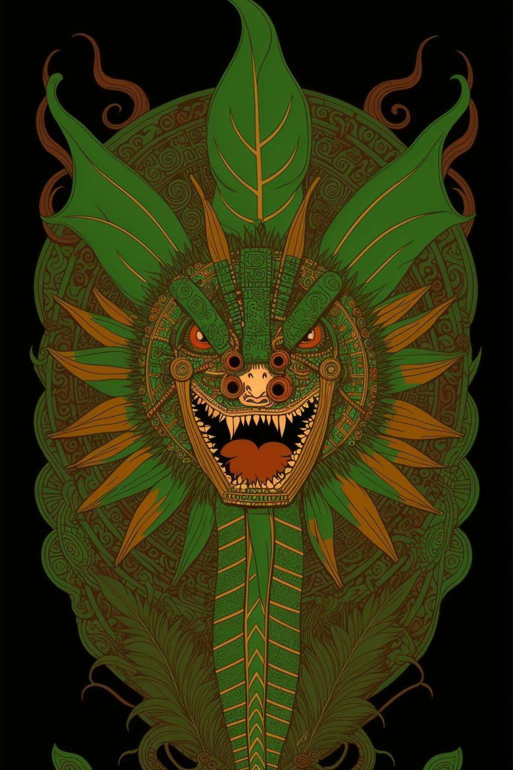 aztec art , Altichiero, dmt, poster art, psychedelic art ,a dragon head with a long tail and a green tail , solo, open mouth, simple background, teeth, no humans, leaf, fangs, black background, dragon, eastern dragon