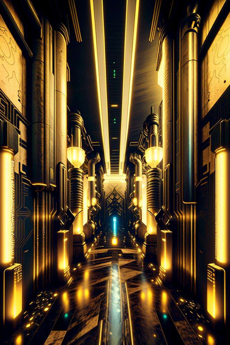 a very long hallway with a very big mural on the wall , outdoors, sky, no humans, scenery, fantasy, landscape, desert , building, city, ((no_humans, scenery ,  Beeple, cyberpunk style, cyberpunk art, retrofuturism , occult , esoteric ))