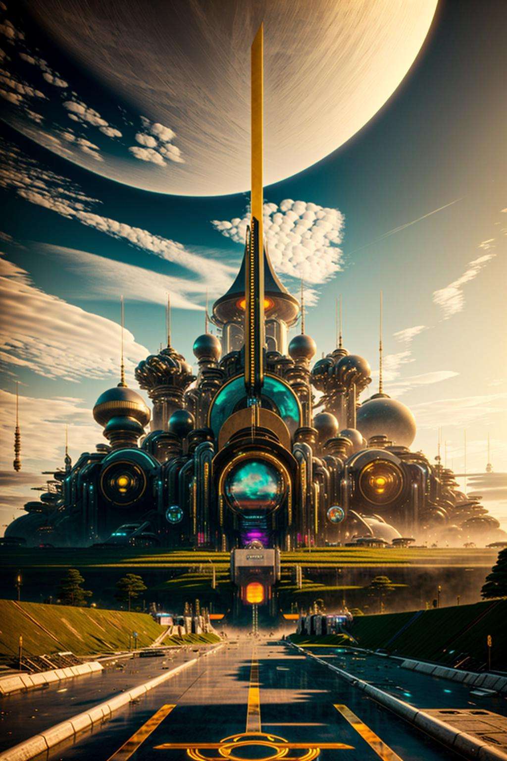 a mural of a church with a large dome , multiple girls, outdoors, multiple boys, sky, cloud, tree, scenery, 6+boys, road , building, city, ((no_humans, scenery ,  Beeple, cyberpunk style, cyberpunk art, retrofuturism , occult , esoteric ))
