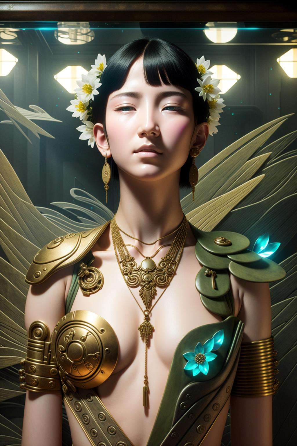 a painting of a woman with a dragon on her chest , solo, 1boy, jewelry, flower, male focus, earrings, water, necklace, back, lily pad, lotus , building, city, no_humans, scenery ,  Beeple, cyberpunk style, cyberpunk art, retrofuturism , occult , esoteric