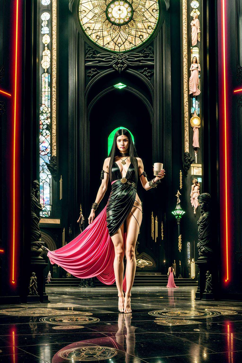 a woman in a green dress is holding a pink scarf , 1girl, long hair, black hair, dress, multiple boys, barefoot, chain, 6+boys, realistic, clock, statue, stained glass , building, city, ((no_humans, scenery , Beeple, cyberpunk style, cyberpunk art, retrofuturism , occult , esoteric )) 