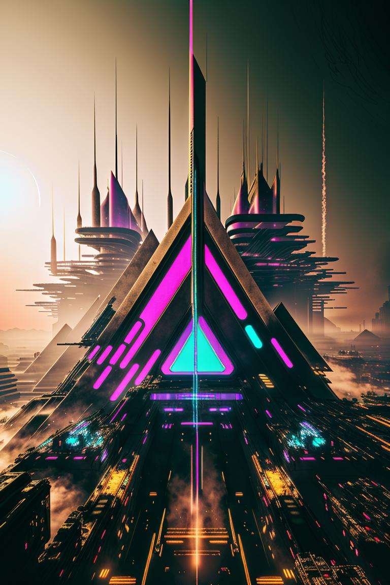 a painting of a building with a clock on it , solo, no humans, surreal, abstract, triangle, abstract background , building, city, ((no_humans, scenery ,  Beeple, cyberpunk style, cyberpunk art, retrofuturism , occult , esoteric ))