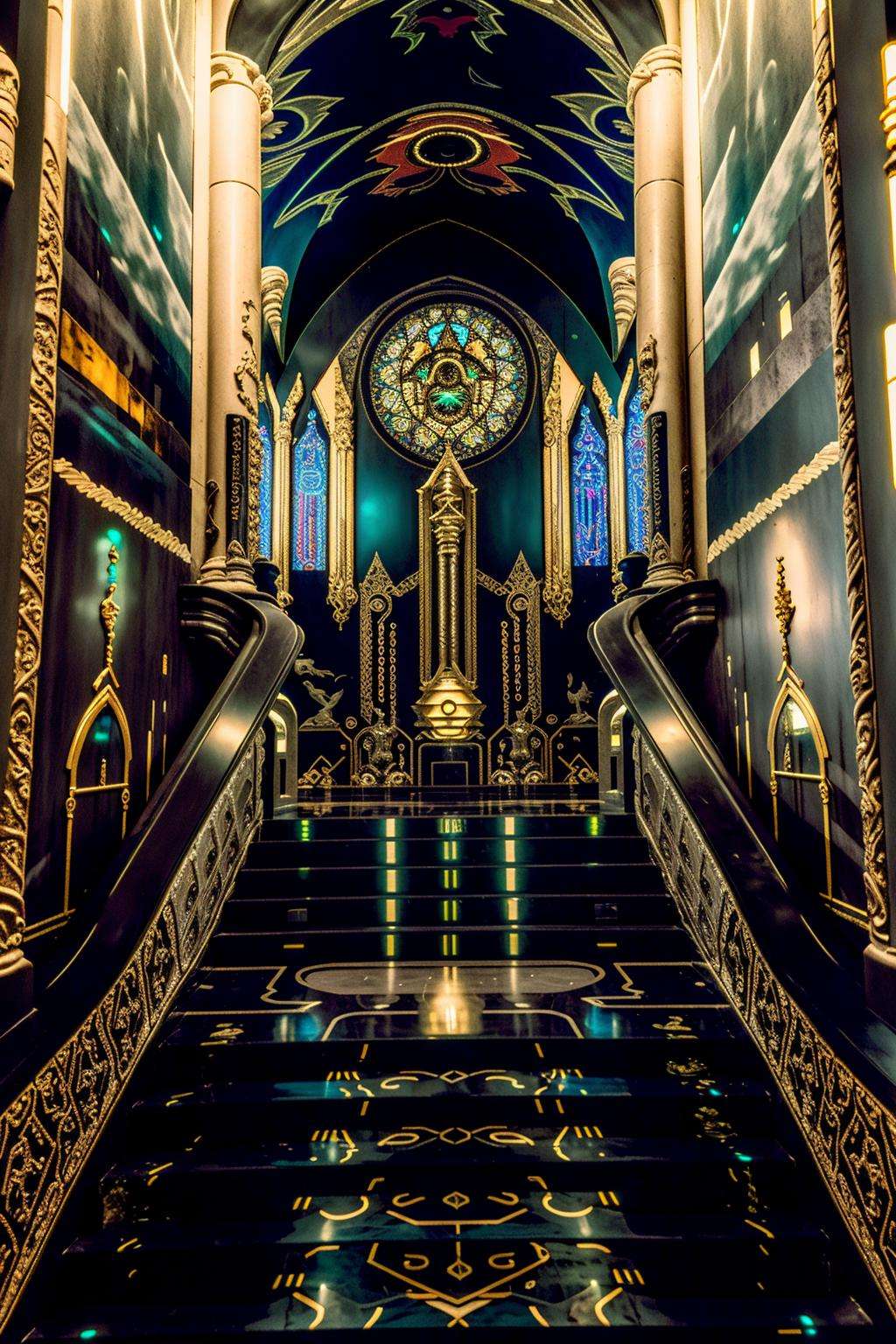 a stairway with a mural of a mountain and a church , red eyes, no humans, stained glass, church , building, city, ((no_humans, scenery ,  Beeple, cyberpunk style, cyberpunk art, retrofuturism , occult , esoteric ))