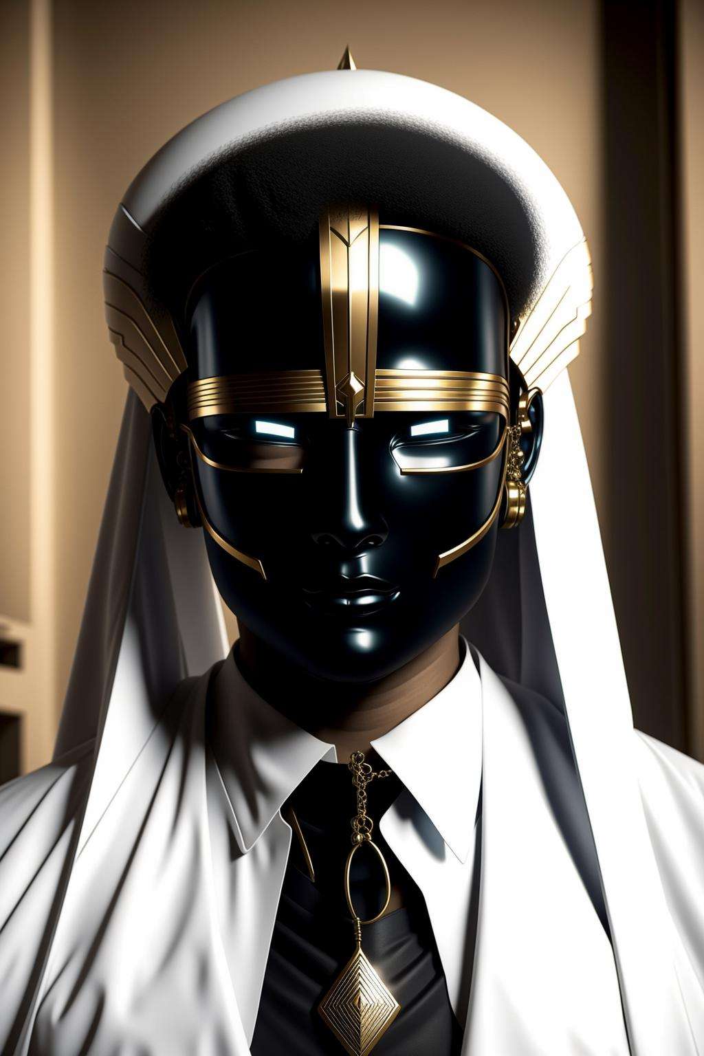( a man wearing a mask with a futuristic face on it's head and a tie on his necktie and a white shirt and black suit) ,  Cyber_Egypt , cyberpunk , 3d render